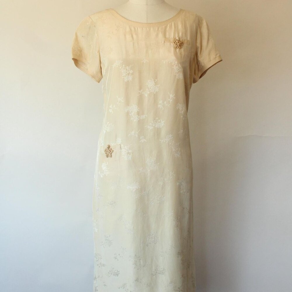 Vintage 1960s Dress with Pocket, Volup Size Calabash House Ivory Silk Damask - Picture 2 of 10
